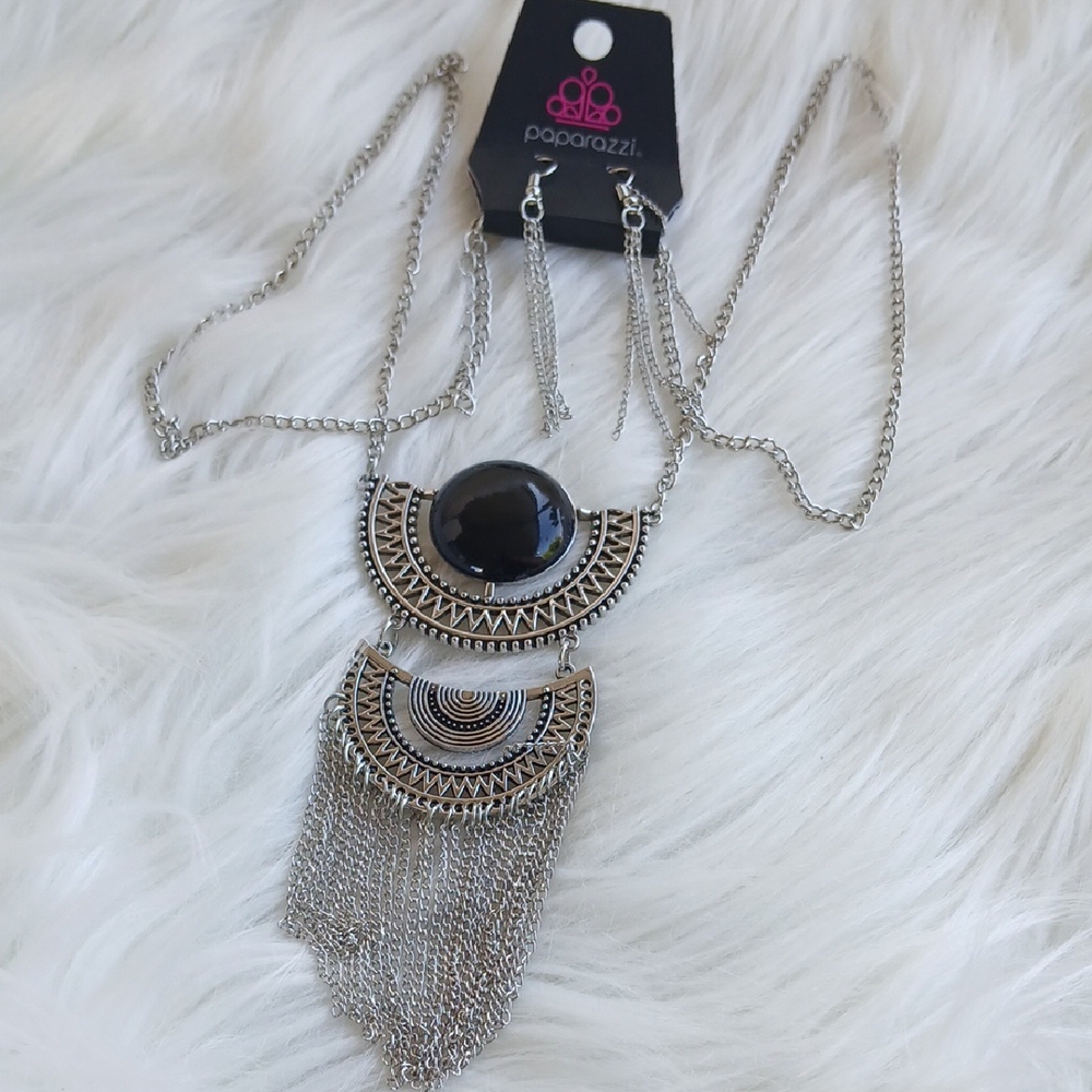 Paparazzi Silver and Black Necklace with Cascading Fringe - Picture 7 of 12